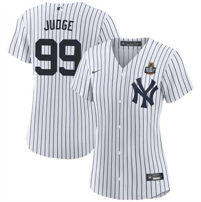 Womens New York Yankees #99 Aaron Judge White 2024 World Series With Name Cool Base Stitched Jersey Dzhi